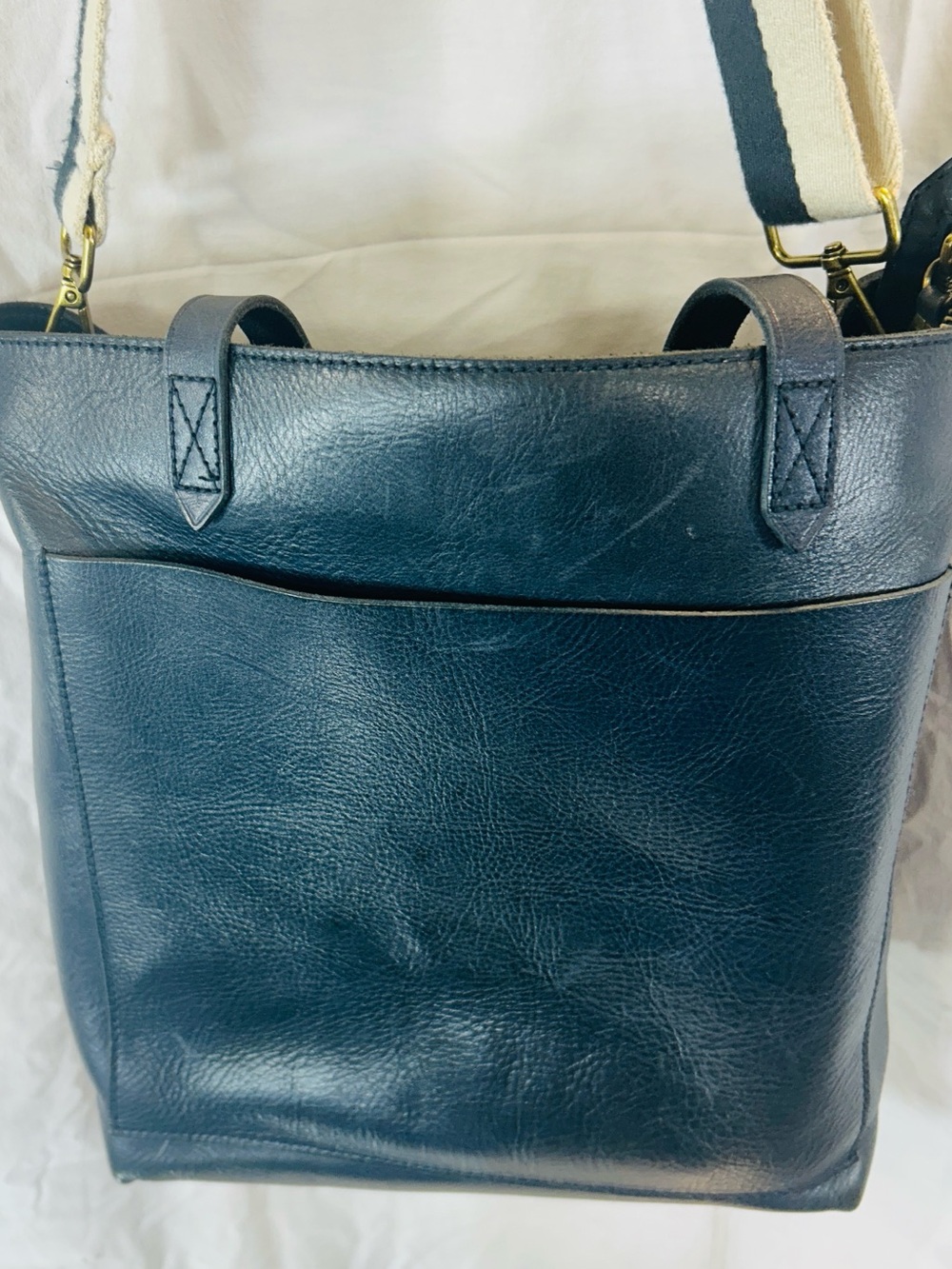 Madewell Deep Teal Leather Tote with Striped Canvas Strap - Picture 5 of 11